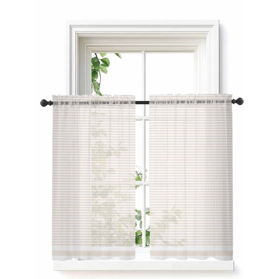 Farmhouse Beige White Striped Curtains 45 Inch Length, Sheer Curtains for Bedroom Living Room Window Modern Stripes Rod Pocket Voile Drapes Kitchen Curtains Small Half Window 52"x45" 2 Panels