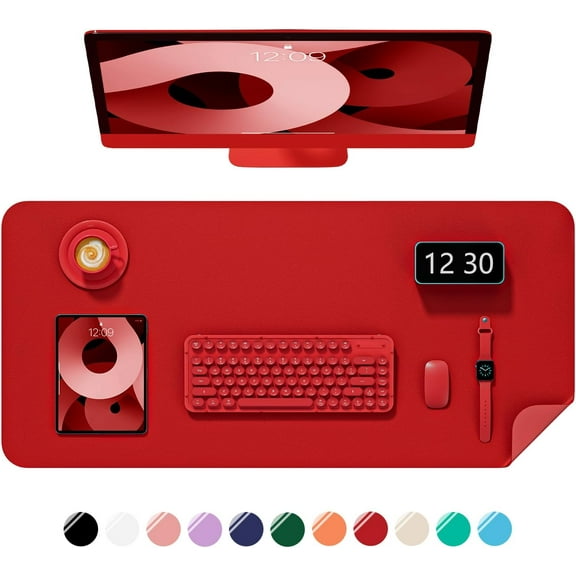 Desk Pad, 23.6" x 13.8" PU Leather Non-Slip Desk Mat Large Mouse Pad for Desktop, Waterproof Laptop Computer Writing Mat for Office, Home, Work, Gaming, Bright Red