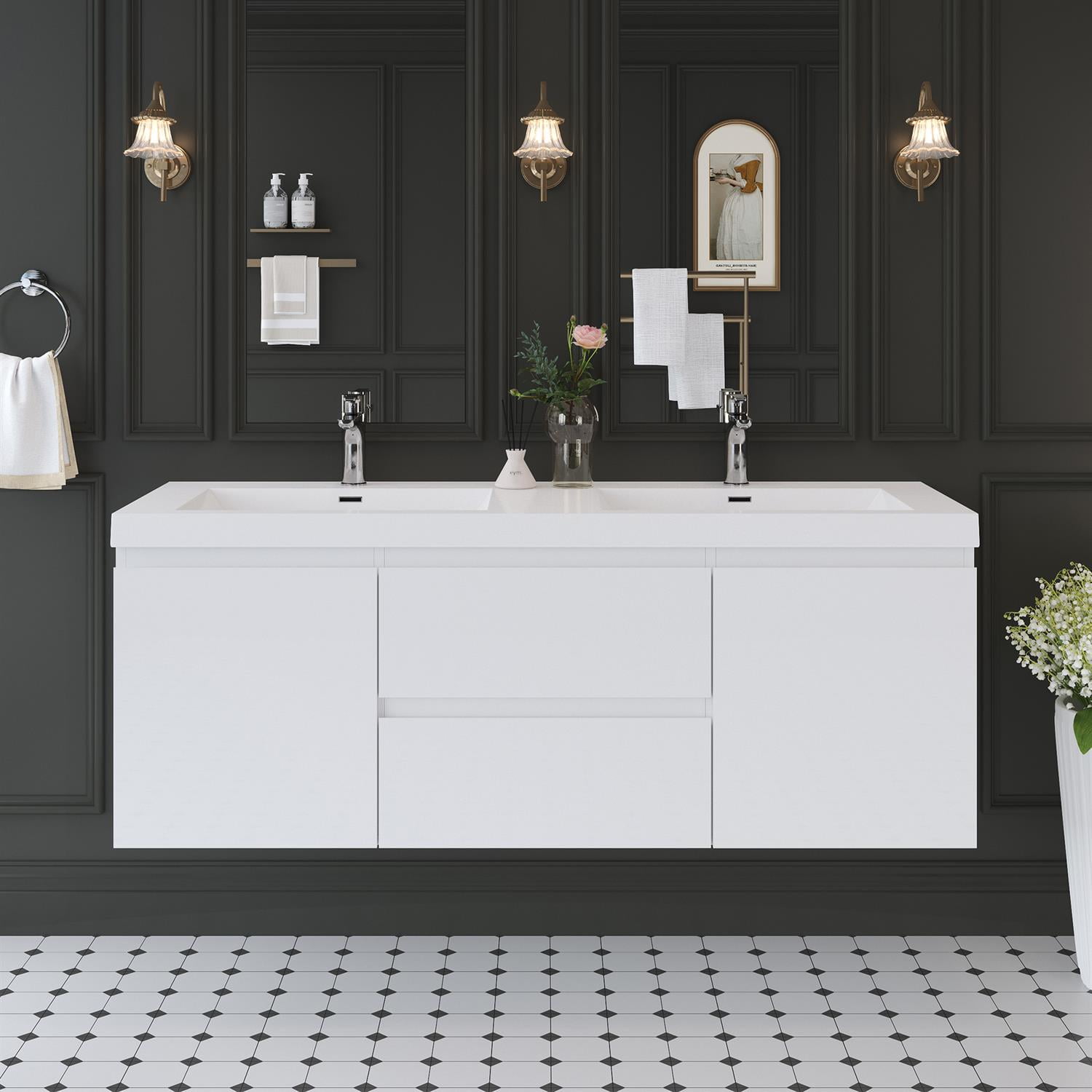 Demi Bonn 60" Floating Bathroom Vanity with Sink, Double Resin Top Basin and 2 Soft Close Drawers, 2 Storage Cabinet, Faucets and Drains Not Included, White