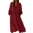 thumbnail image 2 of AUNVITO Women's Solid Color V Neck Tie Front Casual Dress Breathable and Comfortable for Summer, 2 of 9