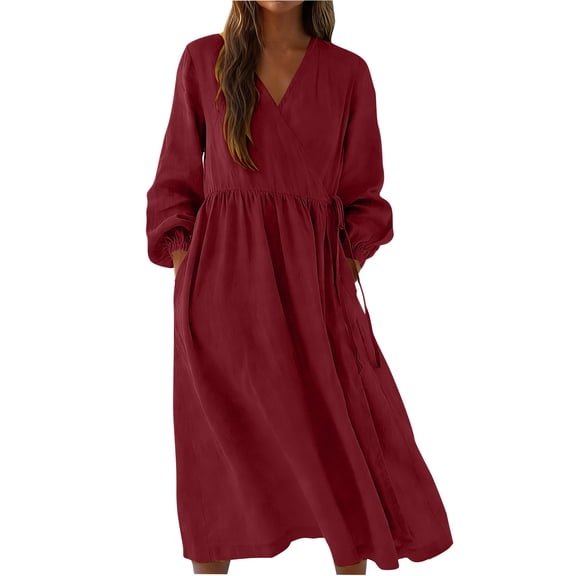 Edvintorg Holiday Dresses for Women Long Sleeve V-Neck Casual Midi Dress Loose Flowy Beach Dresses with Pockets