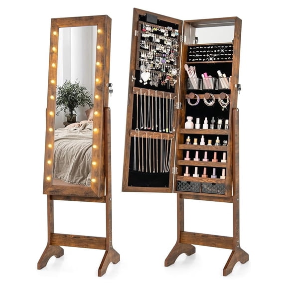 LED Jewelry Cabinet, Lockable Jewelry Organizer with Lights, Full Length Mirror, 4 Adjustable Angles, Floor Standing Armoire for Bedroom - Rustic Brown