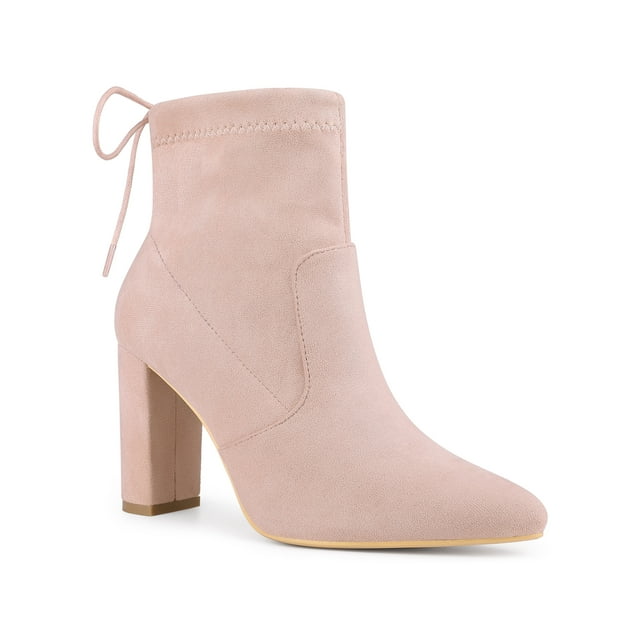 Unique Bargains Women's Pull on Drawstring Block Heel Ankle Boots Dust Pink US 7.5
