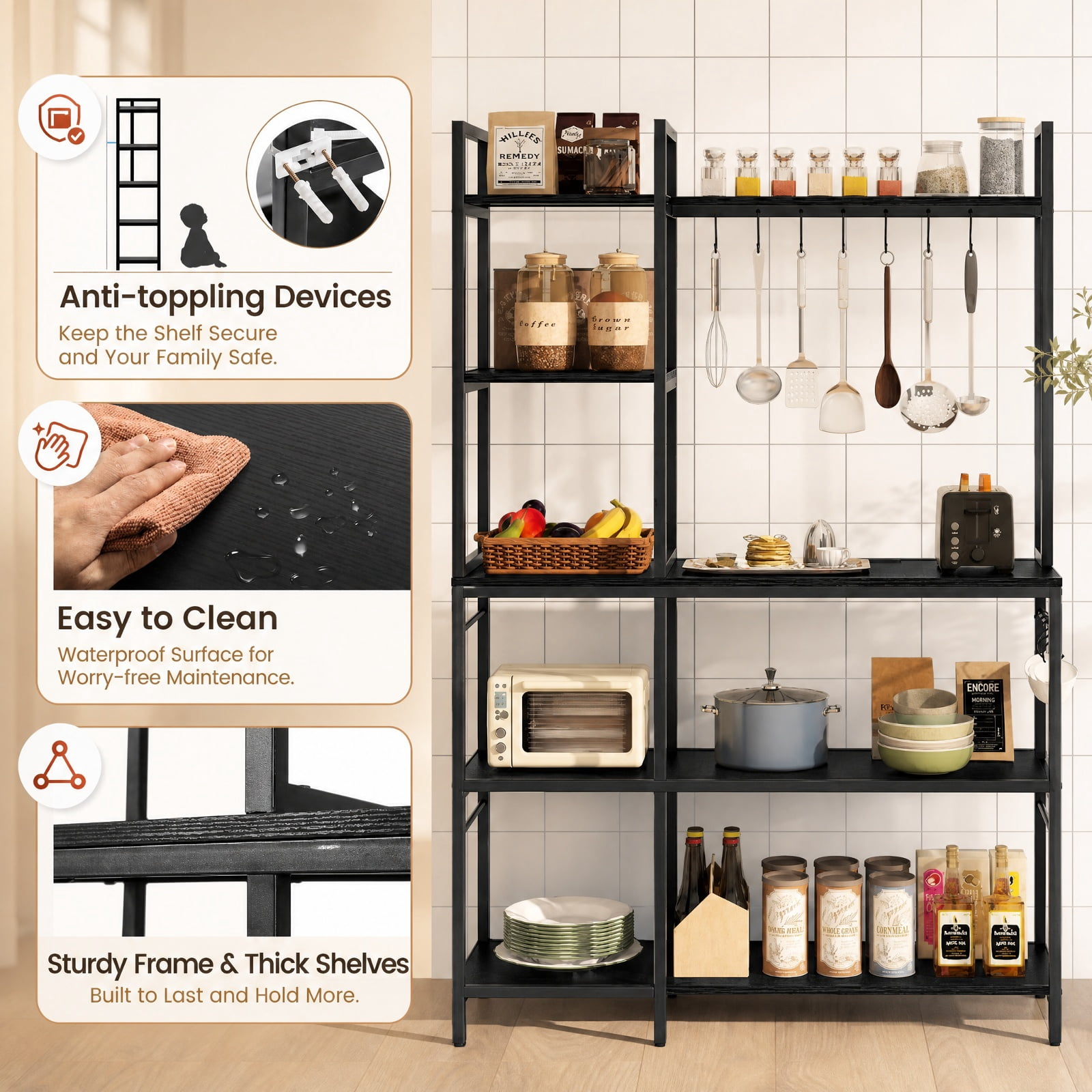 RUIE 5-Tier Baker's Rack with Power Outlets and 10 S-Hooks, Kitchen Storage Stand with Charging Station and Side Hanging Bars, Coffee Bar Shelf, Black