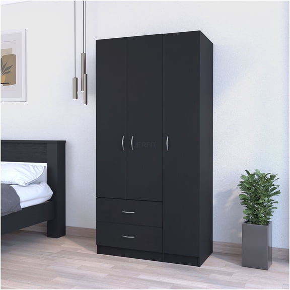 JERFIT Modern Black 3-Door Armoire with Drawers & Hanging Rod, Freestanding Storage Cabinet for Bedroom