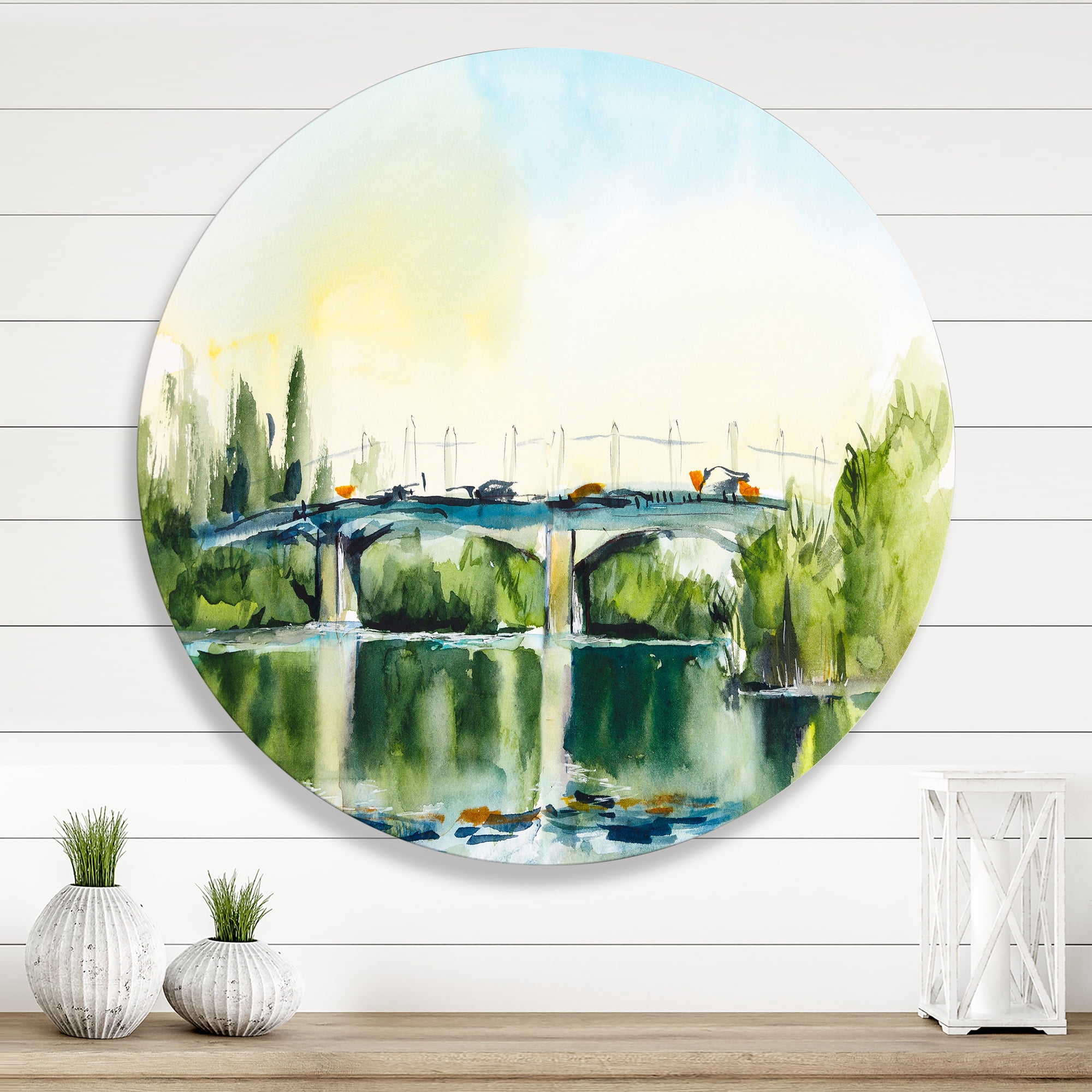 Designart 'Landscape With Old Bridge Over River In The Countryside' Traditional Circle Metal Wall Art 11x11 - Disc of 11