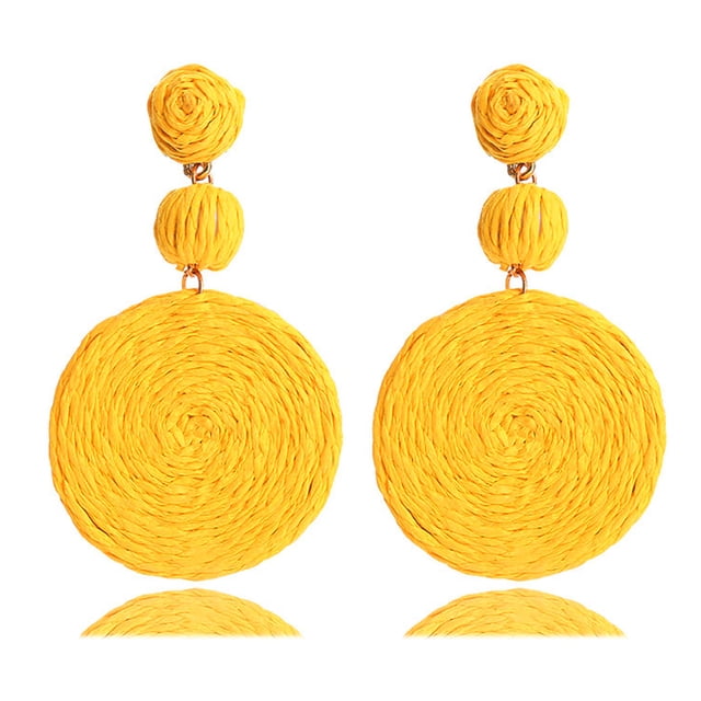 Pendientes de bola de rafia boho para mujer, pendientes colgantes redondos de rafia individuales - Joyas de resort de playa de verano