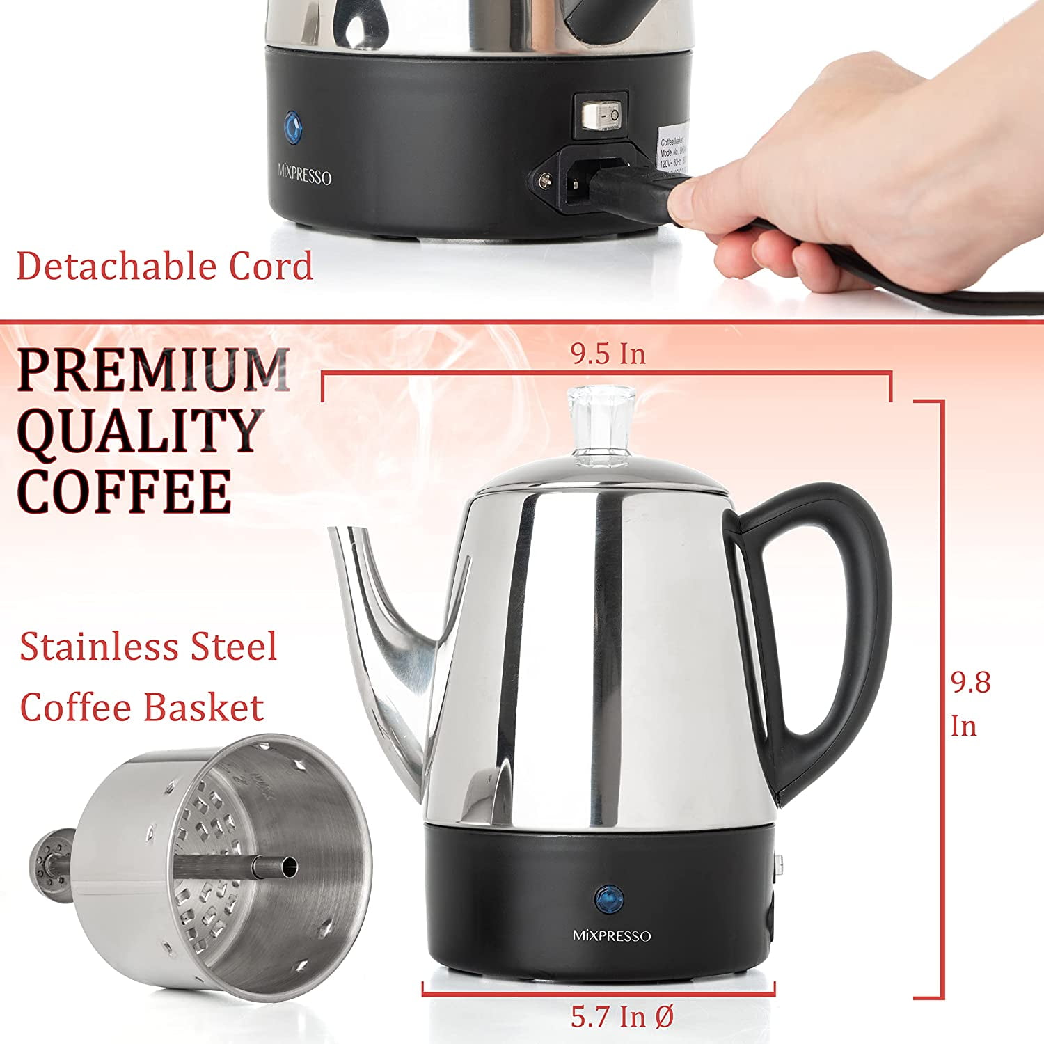 Free Shipping! Mixpresso Electric Percolator Coffee Pot 10 Cup Stainless  Steel with Keep Warm Function - Walmart.com
