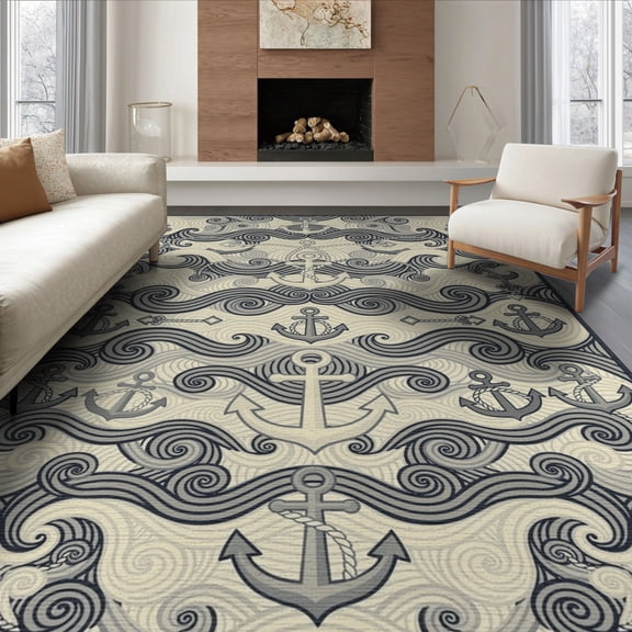 ODIKA 8'x10' Washable Area Rug Durable, Non-Slip Round Navy Ocean Motif Circle Interlocking Maritime Abstract for Living Room, Under Sectional, Family