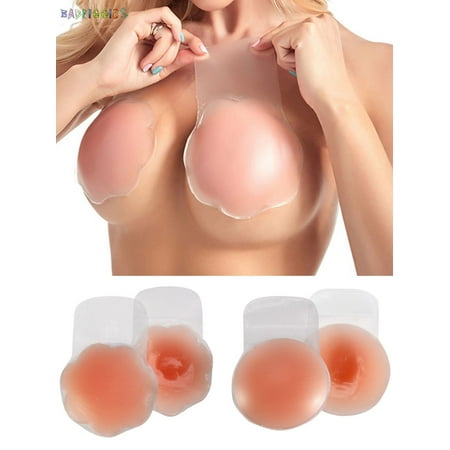 

BadPiggies Adhesive Silicone Invisible Bras Backless Reusable Breast Lift Nipple Covers Sticky (2 Pair Flower+Circle)