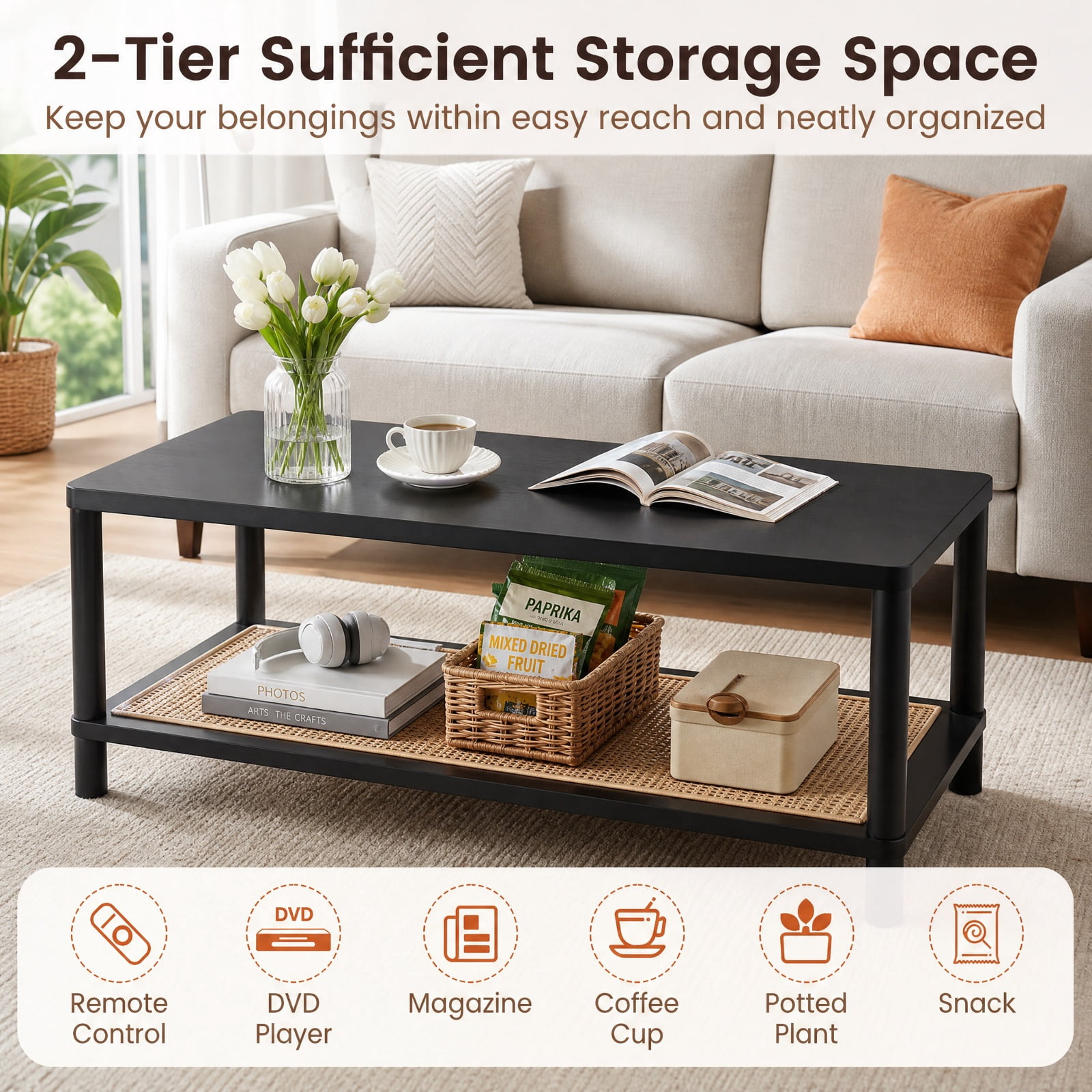 Furnibear 2 Tier Boho Rectangular Coffee Table with Rubber Wood Frame and Faux Rattan Open Storage Shelf for Living Room Home Office, Black