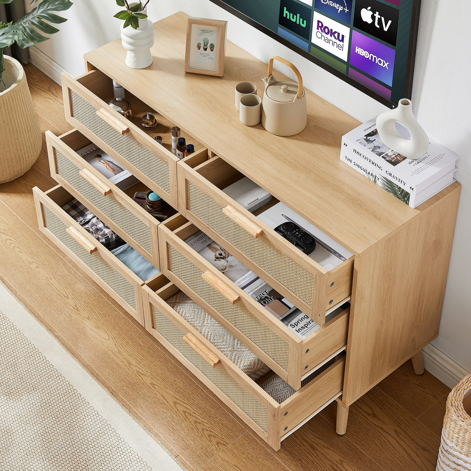 Lunale 47.2" Bedroom Dresser, 6 Double Dressers with rattan drawers, Wooden Chest of Drawers for Living Room, Nature
