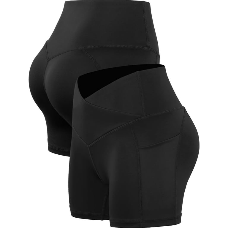 Cadmus Women's High Waist Tummy Control Yoga Shorts 4/8 Spandex  Compression Biker Shorts Side Pockets, Black & Black & Black,XX-Large