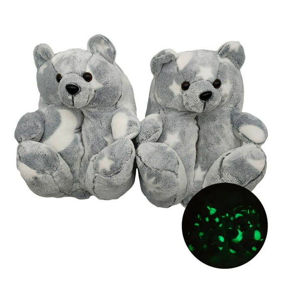 Teddy Bear Slippers - New Cute Luminous Sequins Plush Animal Slippers Winter Warm Shoes(Gray)