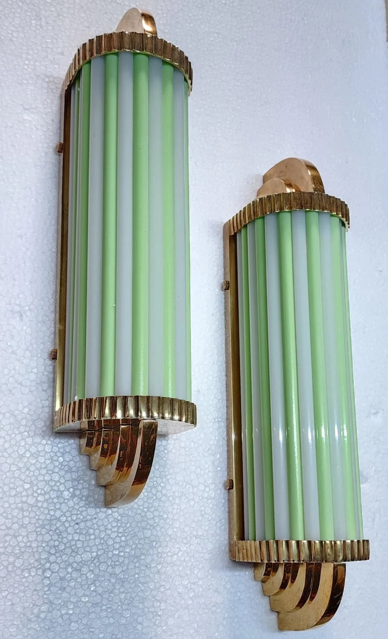 Pair of Vintage Art Deco Skyscraper Wall Sconces – Brass & Opaline Green Milk Glass Rod Lights