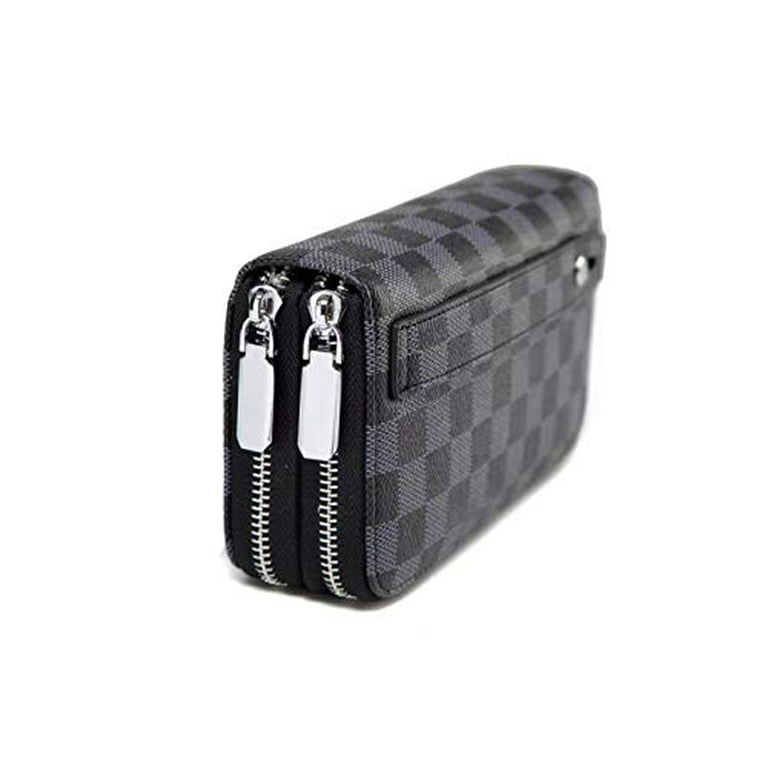 Dual Zipper Wallet with Hand Strap and RFID Blocking Protection Black Checkered
