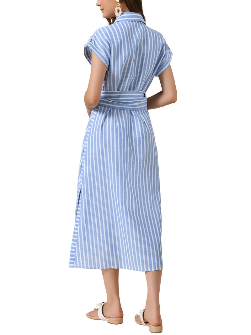 blue and white striped casual dress BLUE & White CABANA STRIPED MIDI DRESS
