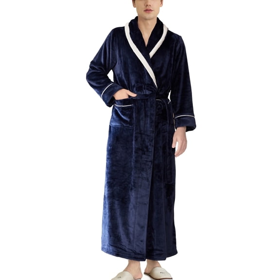 SWSMCLT Men's Belt Fleece Bath Robe Ankle Bathrobe Home Cold Weather Bathrobes Chic Loops Fall Detachable Billowy Navy Small-Medium