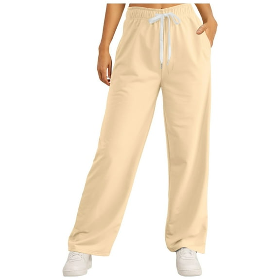 Women's Lined Sweatpants - High Waisted Wide Straight Leg Joggers with Pockets - Casual Workout Yoga Pants - Elastic Smocked Waist Design