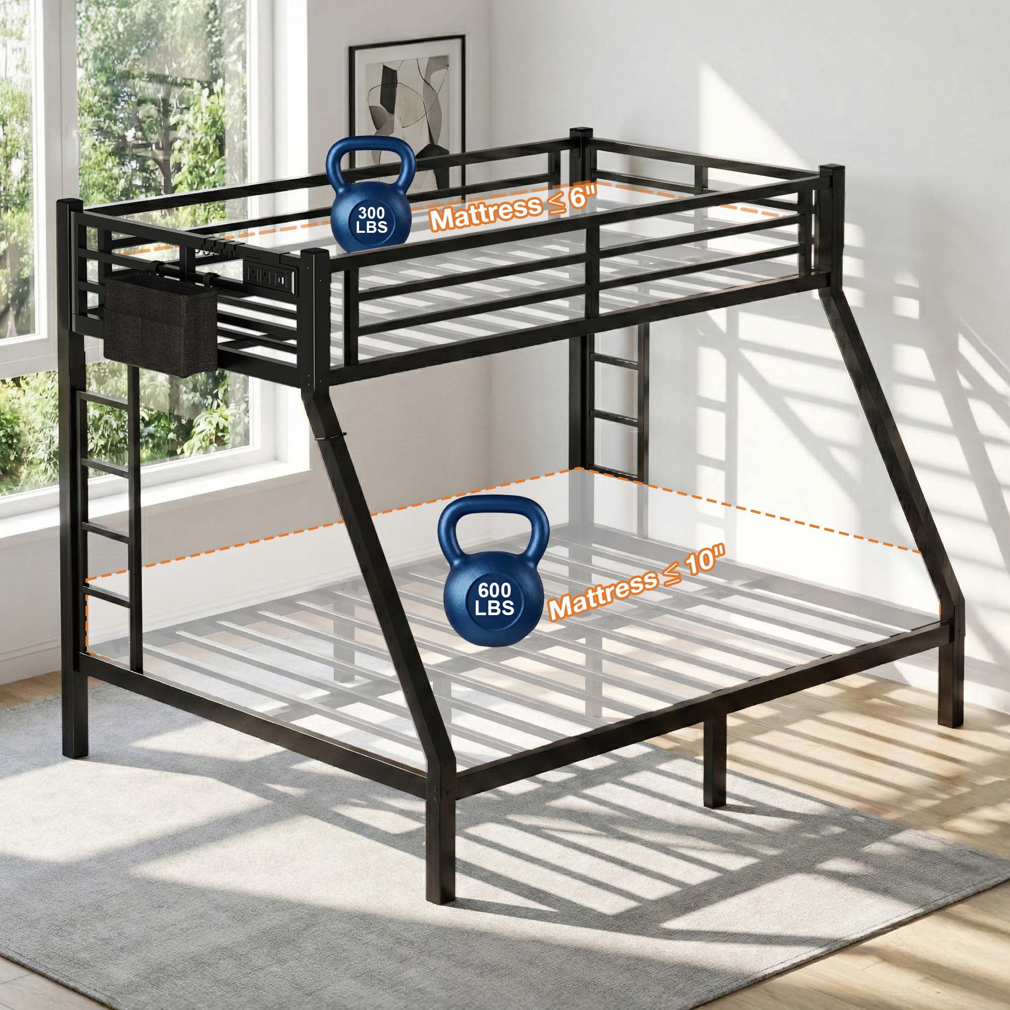 Twin XL Over Queen Metal Bunk Bed Frame with Charging Station, Storage Bag for Adult Bunk Bed, Black