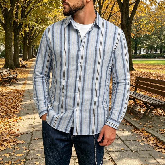 Yusimy Mens Cotton Linen Shirts Long Sleeve Button Down Striped Beach Shirt Classic Lapel Tops All-Day Comfort Wear