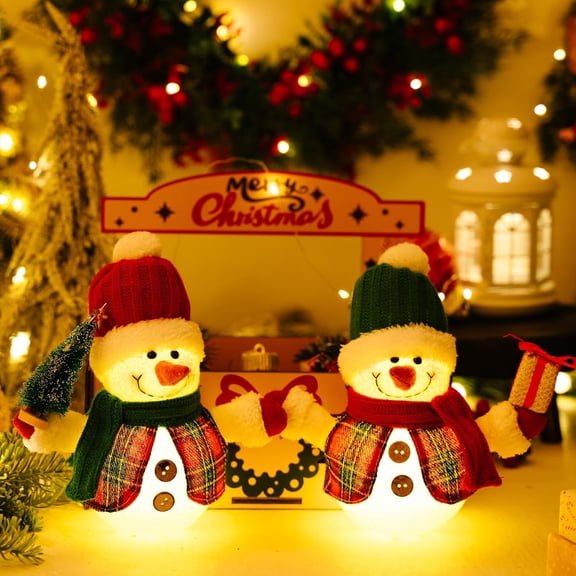 Light Up Snowman Plush Christmas Decor, Xmas Table Snowmen Figurines, with Cozy Knit Hat & Festive Scarf, Holding a Gift Box or Tree, for Winter Holiday Shelf Fireplace Bedroom