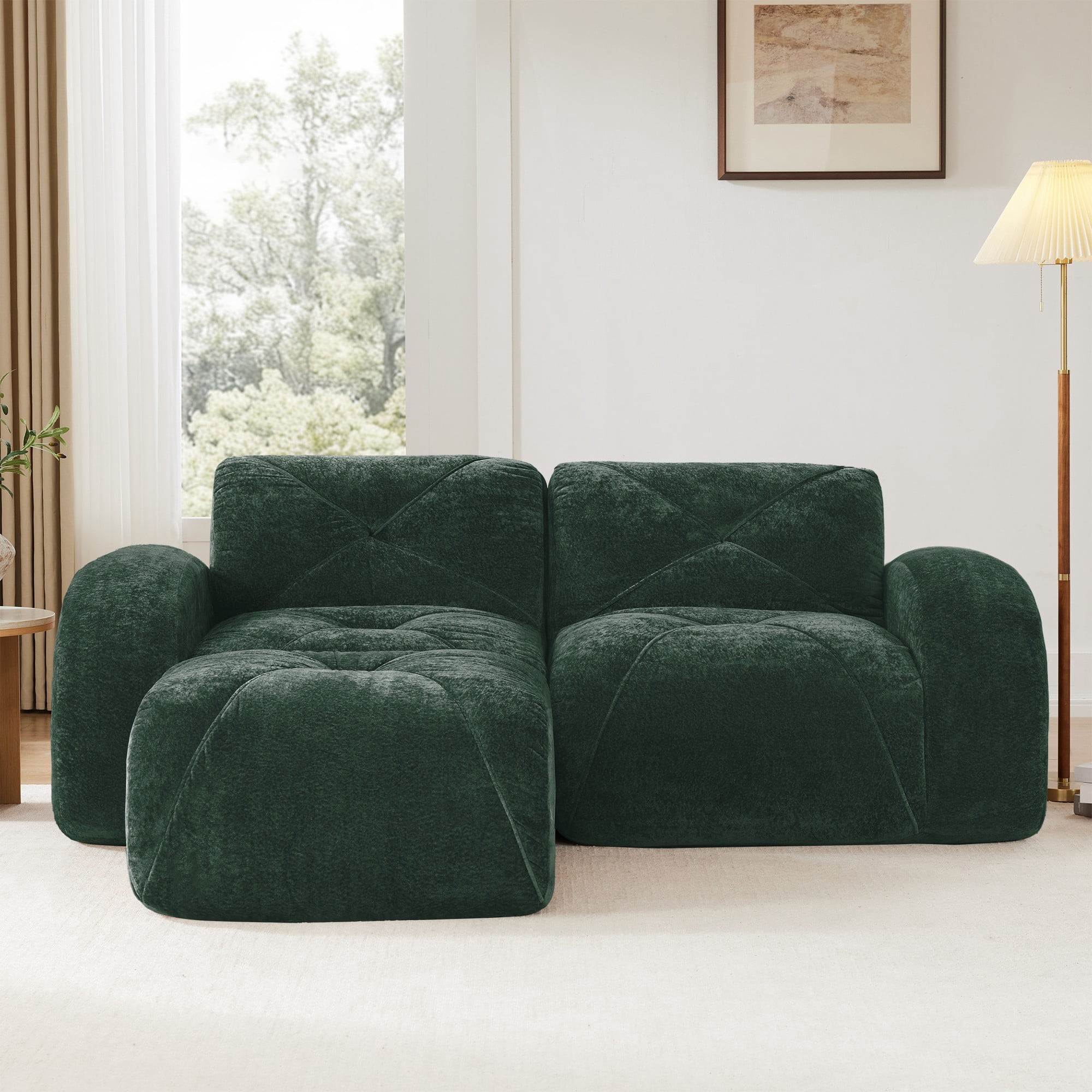 L-Shaped Boneless Sofa, Soft Velvet Fabric, Tufted Design, 32D High Density Sponge, No Assembly Required, Ergonomic Design Bottom, Anti-Slip Design, Movable Ottoman for Bedrooms (Green)