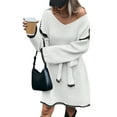 thumbnail image 2 of Tie-Waist Loose Knitted V-Neck Long Sleeved Autumn Dress Contrast Sleeves Pullover Sweater Dress White S, 2 of 9