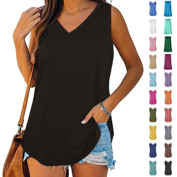 Asxite Tank Tops for Women Sleeveless Solid Color V Neck Spaghetti Strap Relaxed and Breathable Casual Blouse