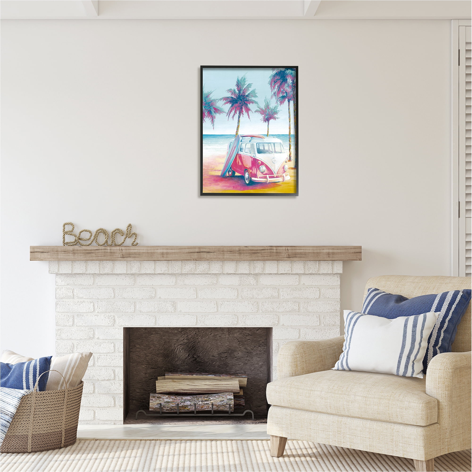 Stupell Industries Tropical Minibus on Beach Transportation Painting Black Framed Art Print Wall Art, 24 x 30