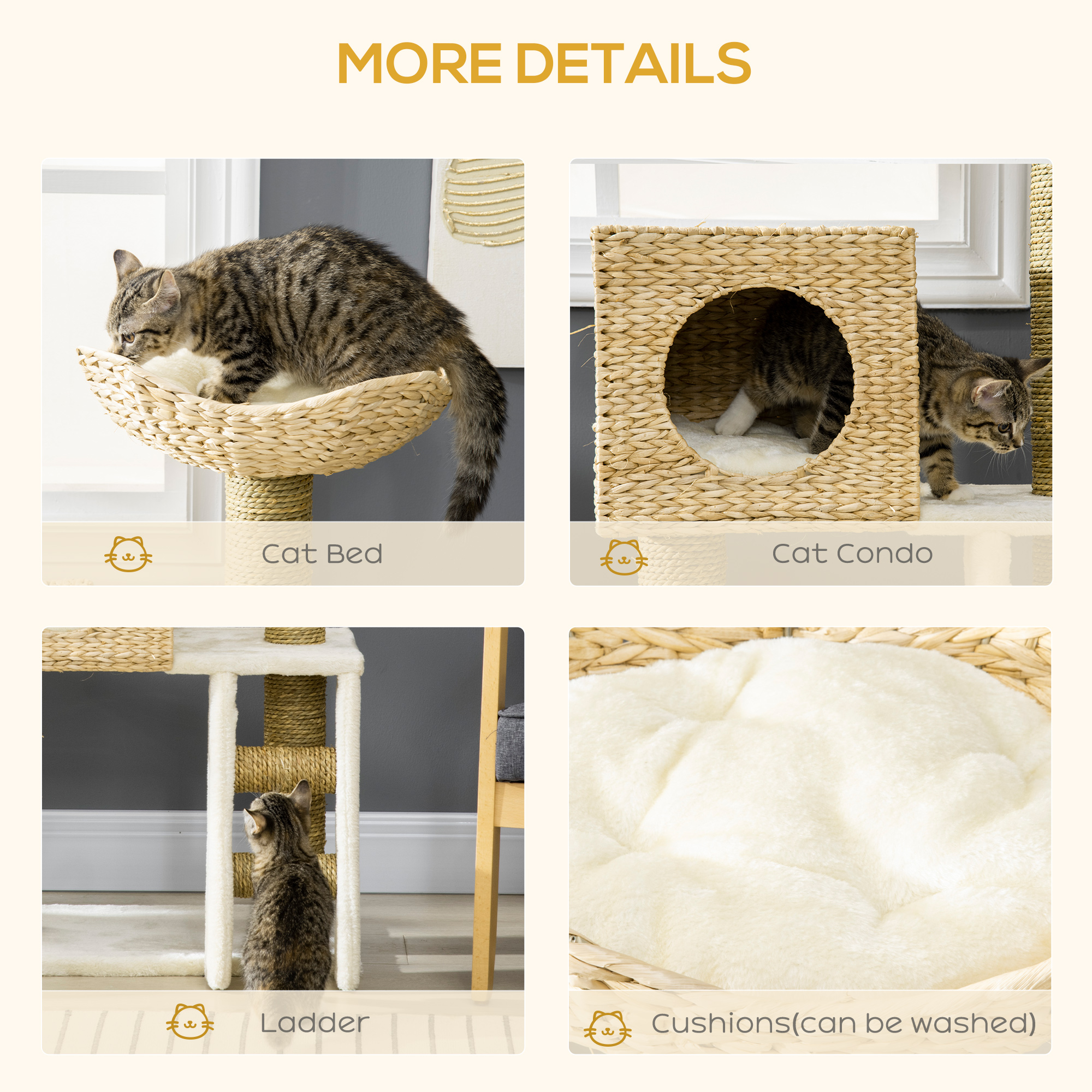 PawHut Cattail Weave Cat Tree for Indoor Cats with Rattan Cat Condo, Bed