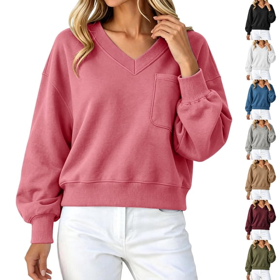 JMYHOAM Women's V Neck Sweatshirt Long Sleeve Solid Color Pullover Top with Chest Pocket Relaxed Fit Activewear for Daily Wear
