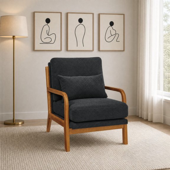 Mid-Century Modern Wooden Lounge Chair with Nubby Fabric Upholstery