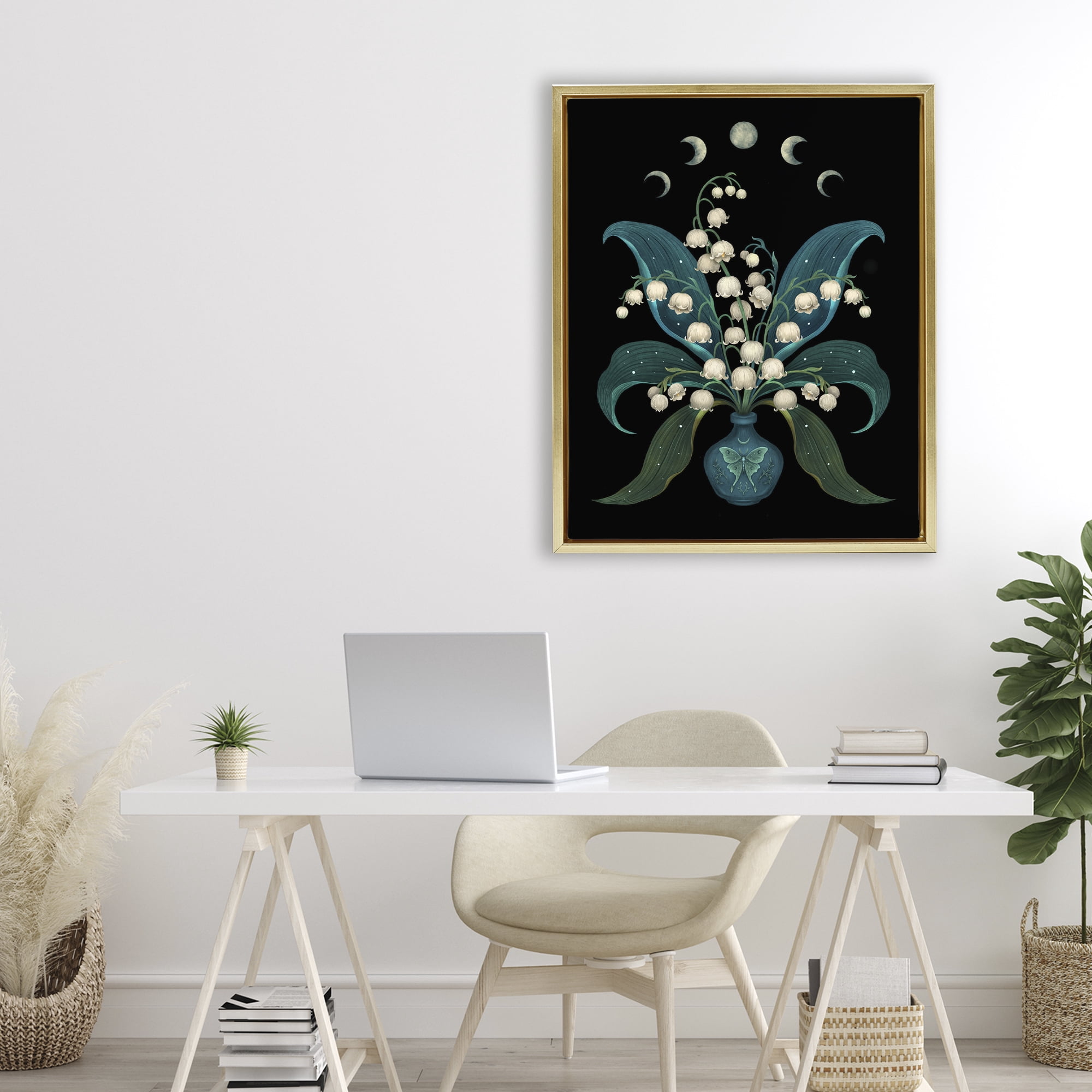 Stupell Industries Lunar Lily Of Valley Gold Framed Floater Canvas Wall Art, design by Episodic Drawings