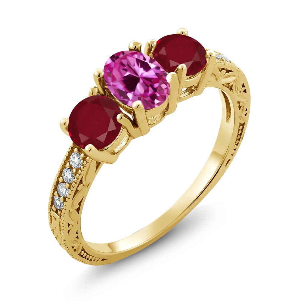 2.12 Ct Oval Pink Created Sapphire Red Ruby 18K Yellow Gold Plated Silver Ring by