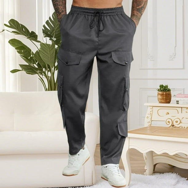 Ceisia Men's Gift Cargo Pants Relaxed Fit Mid-Rise Elastic Waist Polyester Multi-pocket Snap Button Drawstring Pants