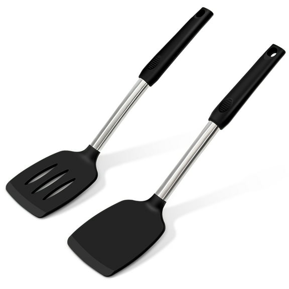 Unicook 2 Pack Silicone Spatula Turners, Non Stick Solid & Slotted Cooking Spatula Set, Pancake Turners, Kitchen Cooking Utensils, Black