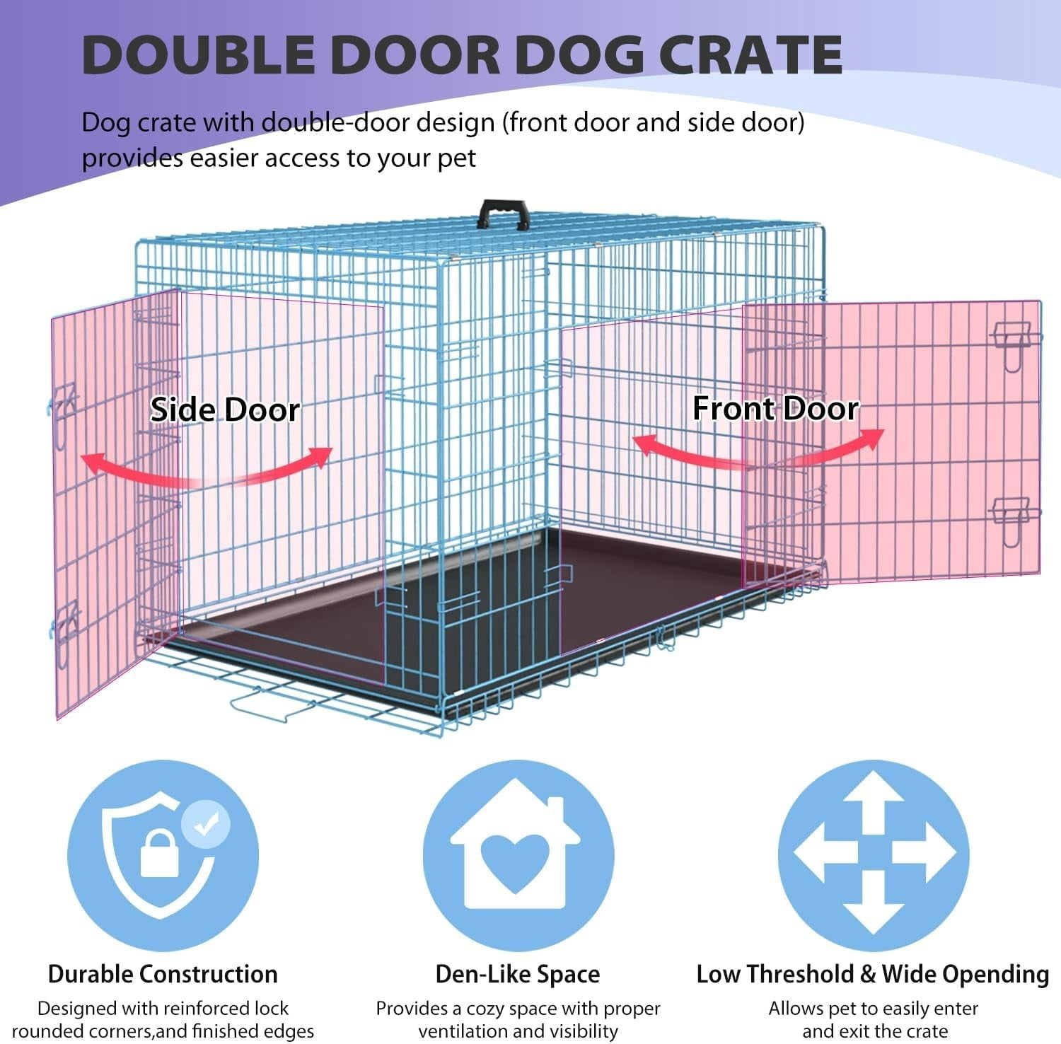 Extra Large Dog Crate Dog Kennel Cage with Double Door,48 inch Folding Metal Wire Dog Cage with Removable Tray&Divider Panel,Pet Crate for Large Dogs,Blue