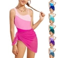 thumbnail image 5 of VNKIDY Girls One Piece Swimsuit Set Kids Gradient Adjustable Strap Onesie Bathing Suit With Asymmetric Neckline Matching Tie Side Cover Up For Beach Summer Wear Fashionable Swimwear Blue 7-8 Years, 5 of 8