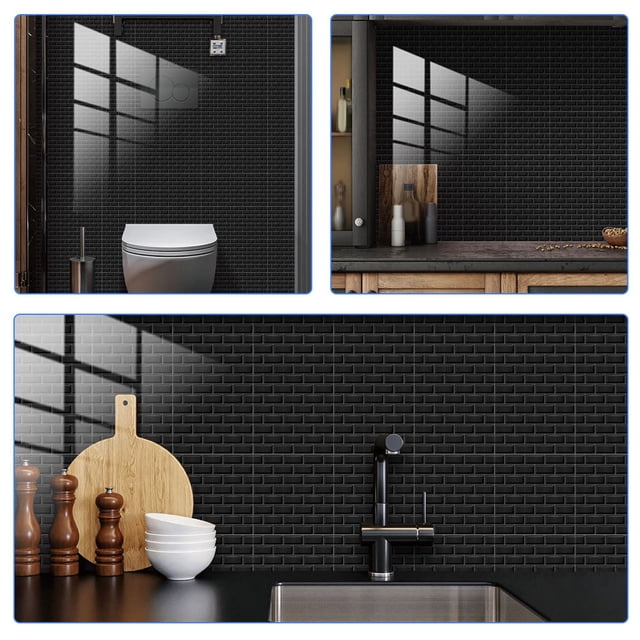 CIMAXIC 10Pcs Black Backsplash Tile Stickers Self Adhesive PVC Wall Decals Removable for Kitchen Bathroom
