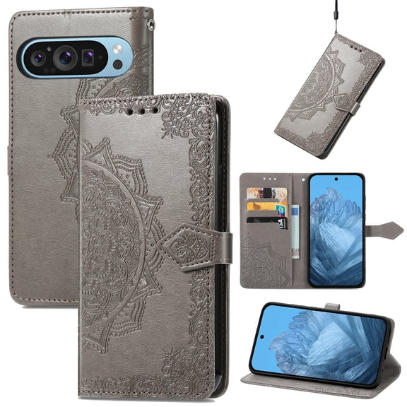 Dteck Wallet Case for Google Pixel 10 Pro XL,Flower Patterned Leather Wallet Flip Magnetic Closure Case Shockproof Protective with Card Slots Phone Cover,Gray