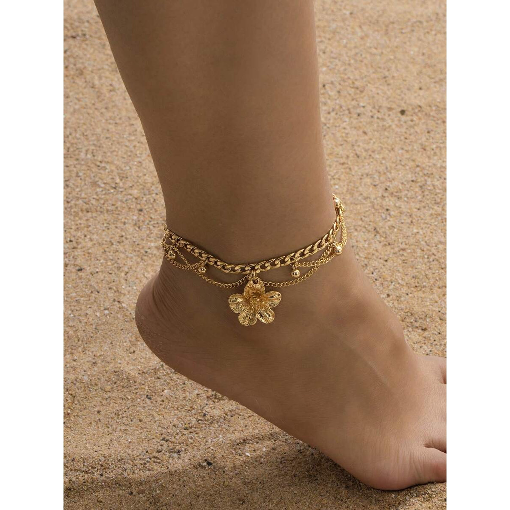 Layered Yellow Gold-3 Anklet With Floral Charm And Chain Details