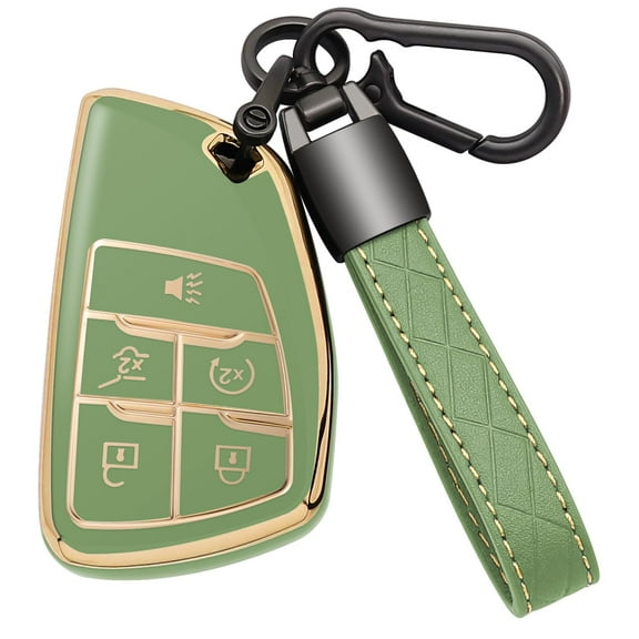 for Chevy Key Fob Cover with Leather Keychain Soft TPU Key Case Shell Holder Fits for Chevrolet 2021 2022 2023 2024 Suburban Tahoe Silverado 1500, for GMC Yukon Sierra 5 Button