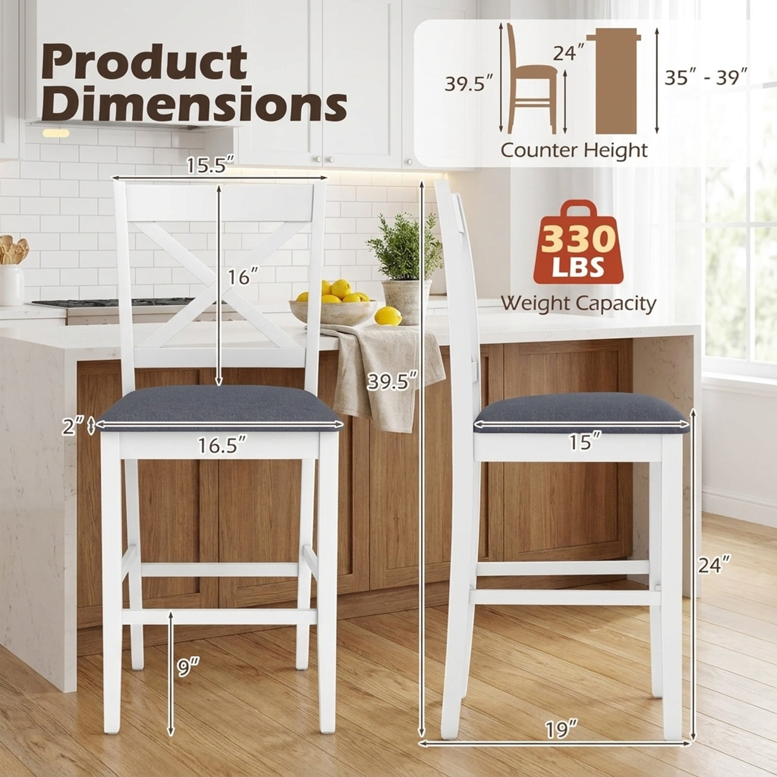 Furnibear Set of 2 X-Back Bar Stools with Upholstered Cushioned Seats for Kitchen Island Counter Bar Pub Dining Home, White