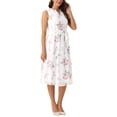 thumbnail image 4 of Vestido sin mangas floral de verano Inspire Chic para mujer, con cinturón y largo hasta la rodilla, vestido de gasa tipo swing en blanco, 4 of 6