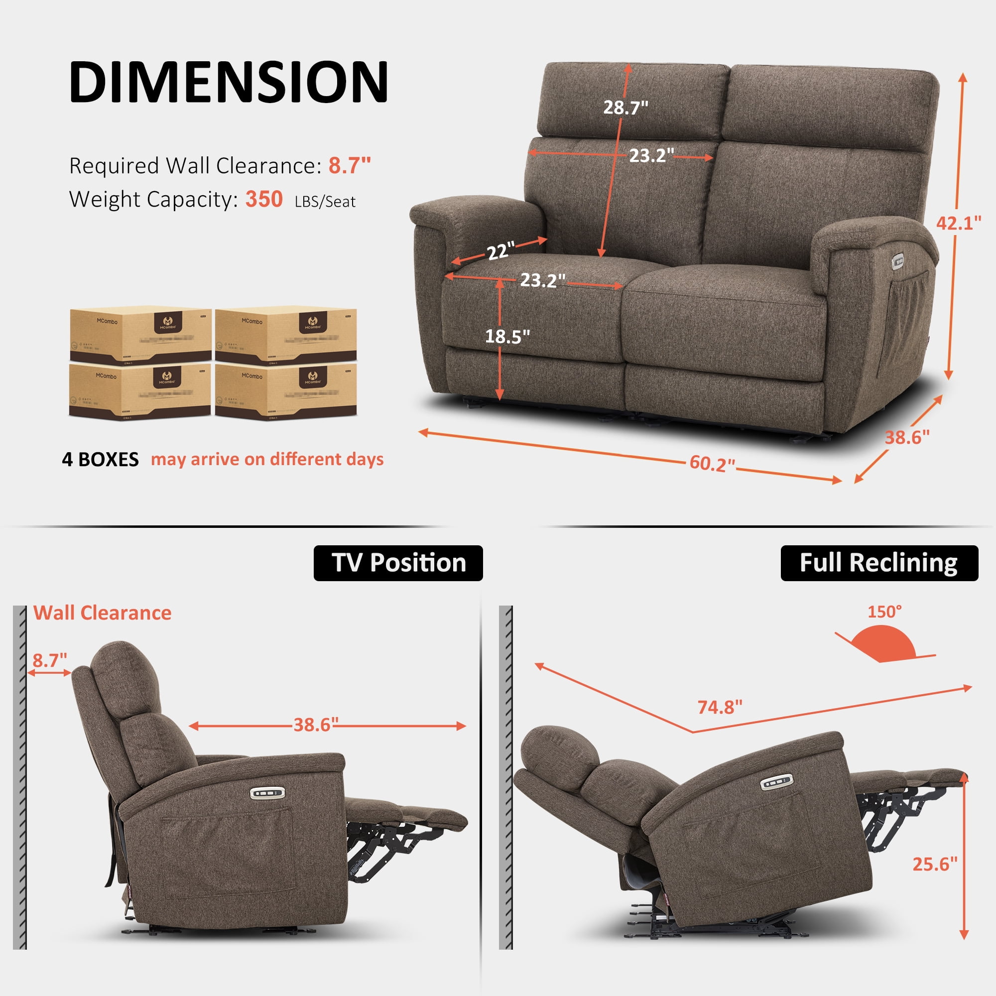 MCombo 60.2" Power Loveseat Recliner Sofa with Massage and Dual Heating, Adjustable Headrest, USB & Type C Port for Living Room, Fabric(Mocha)