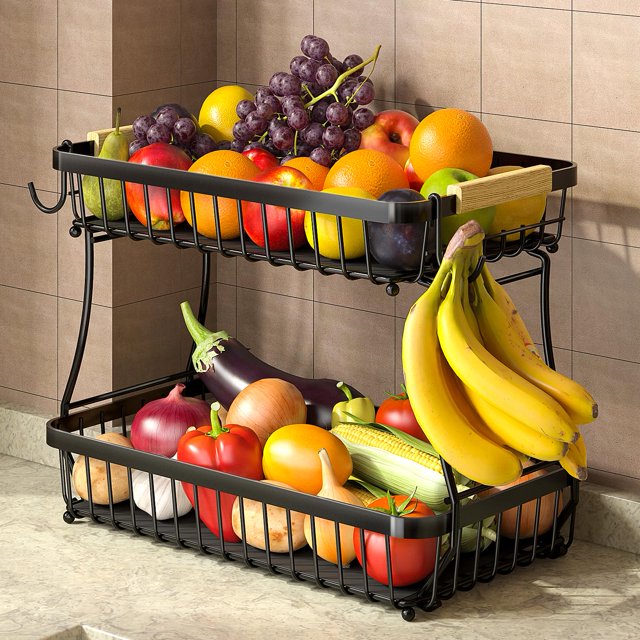 Cesta de frutas Sevenblue 2025 Pro de 2 niveles con perchas para plátanos
