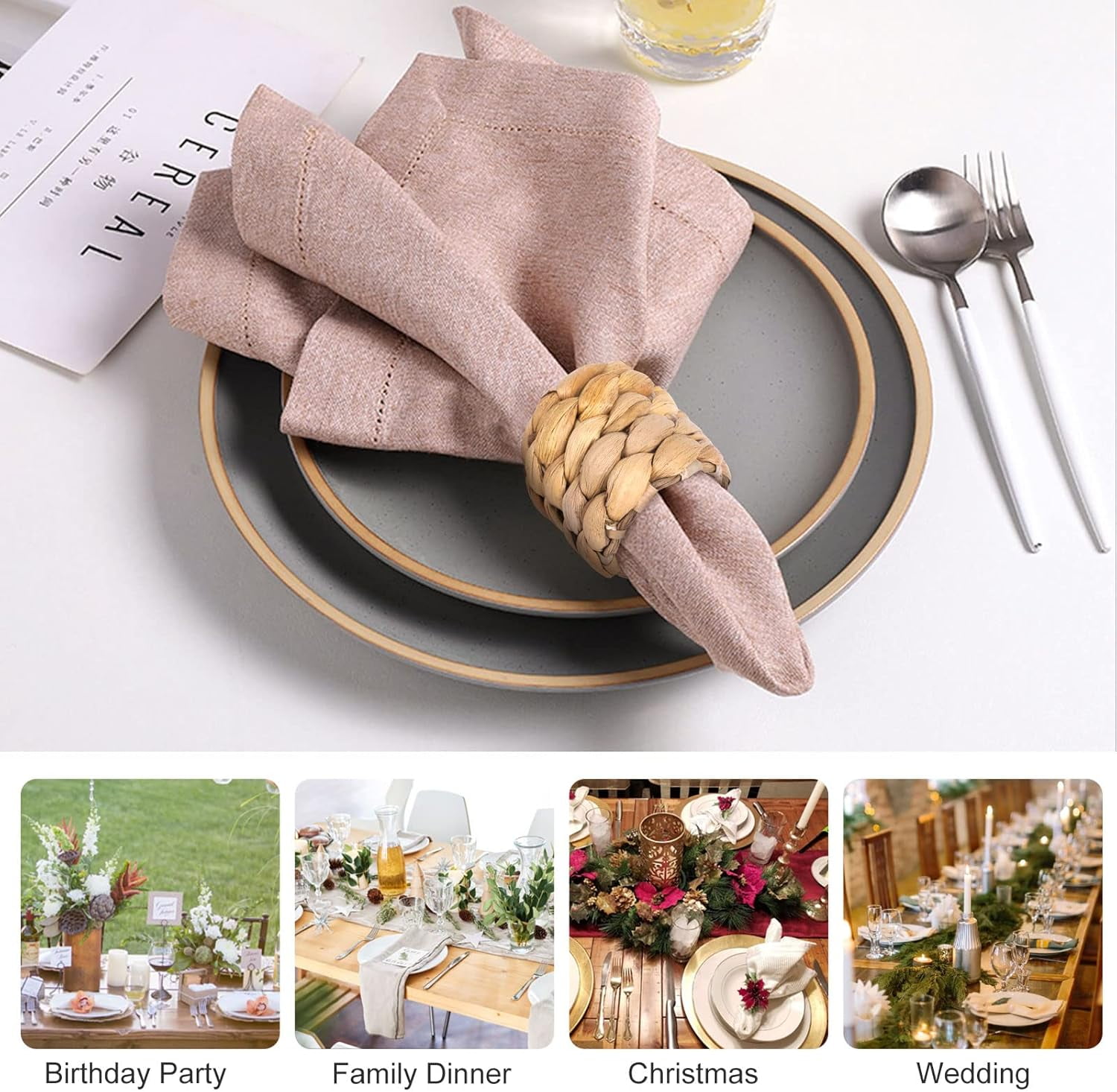 Nautical Rope Napkin Rings Set Of 8 - Ivory Cotton Rope Rings For Farmhouse, Beach, Wedding Table Decor