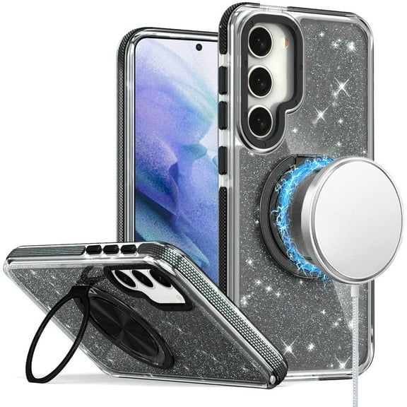 For Samsung Galaxy S23 Ultra Case, Slim Bling Glitter Sparkly Shimmer Hybrid with Magnetic Ring and 360° Rotational Stand [Compatible with Magsafe] Phone Cover (Black)