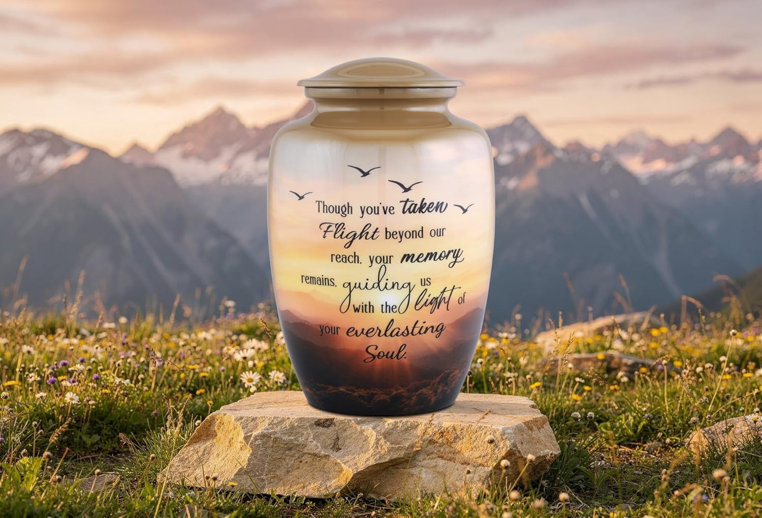 Soulful Flight Cremation Urn for Adult Ashes Sunset Memorial Urn with Birds Large Metal Funeral Urn for Human Ashes Holds Up to 210 Cu In 6.5x6.5x9.75 Inch